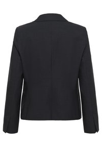 Černý blazer s hladkým povrchem, s klopovým límcem, dlouhými rukávy a bočními kapsami. Čistý design s přiléhavým střihem a zadním rozparkem.