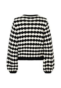 Schwarz-weißes, kurz geschnittenes Sweatshirt mit Rautenmuster, geripptem Ausschnitt und Ballonärmeln mit elastischen Bündchen. Weiche Strickstruktur.