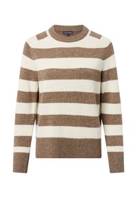 Braun- und cremefarbener gestreifter Pullover aus weichem Strickstoff, mit rundem Ausschnitt sowie gerippten Bündchen und Saum.