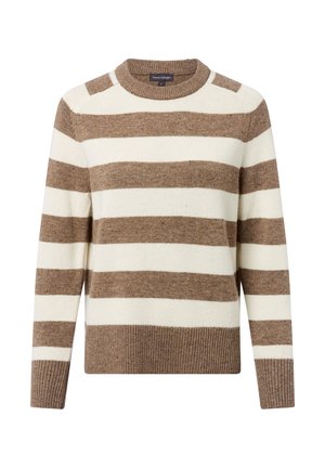 Braun- und cremefarbener gestreifter Pullover aus weichem Strickstoff, mit rundem Ausschnitt sowie gerippten Bündchen und Saum.