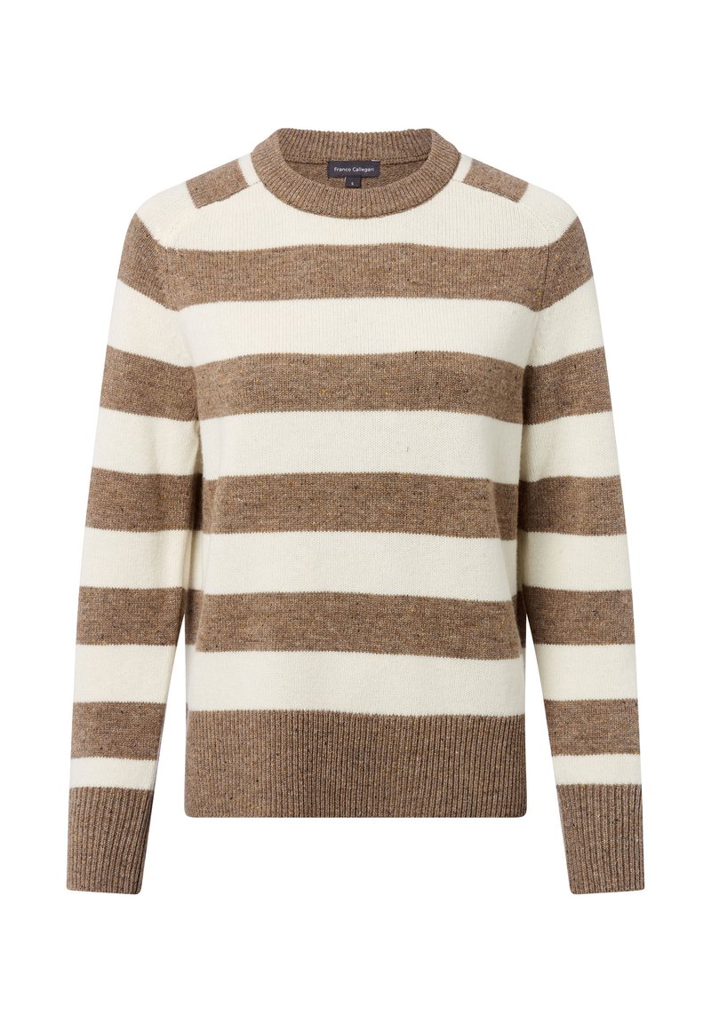 Braun- und cremefarbener gestreifter Pullover aus weichem Strickstoff, mit rundem Ausschnitt sowie gerippten Bündchen und Saum.