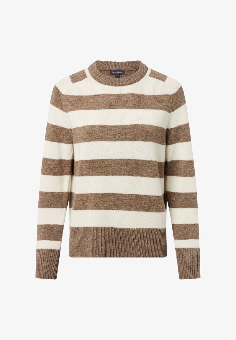 Braun- und cremefarbener gestreifter Pullover aus weichem Strickstoff, mit rundem Ausschnitt sowie gerippten Bündchen und Saum.