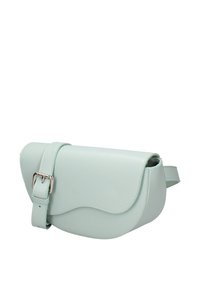 Borsa a tracolla in pelle verde menta con pattina curva, tracolla regolabile e fibbia metallica. Texture liscia con dettagli di cucitura delicati.