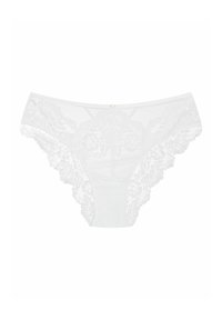 White lace thong featuring floral patterns, delicate scalloped edges, and a soft mesh front panel. Small gold accent at the center.