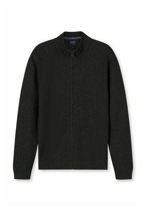 Schwarze Reißverschlussjacke mit Stehkragen, strukturiertem Strickstoff, geripptem Saum und Ärmeln. Verfügt über einen geraden Schnitt und dezente Details.