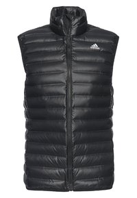 Schwarze gepolsterte Weste mit hohem Kragen, durchgehendem Zip-Verschluss und horizontalem Steppdesign. Aushängemerkmal ist ein kleines weißes Logo oben links.