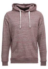 Sudadera con capucha de color malva jaspeada, con cordones blancos, bolsillo tipo canguro y puños y dobladillo acanalados.