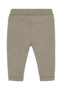 Ljusbeige bomullsblandade byxor med en mjuk textur, elastisk midja och uppvikta fållar. Slät yta med ett subtilt melerat mönster.