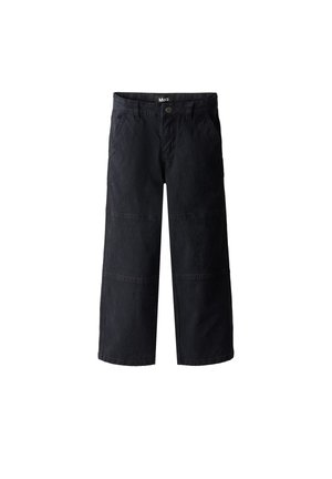 Black wide-leg pants with front button and zipper, two side pockets, stitched knee panels, and belt loops at the waistband.
