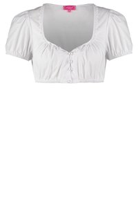 Blusa blanca corta con mangas abullonadas cortas, escote redondeado, costuras decorativas y cierres de botones frontales. Tejido liso y ligero.