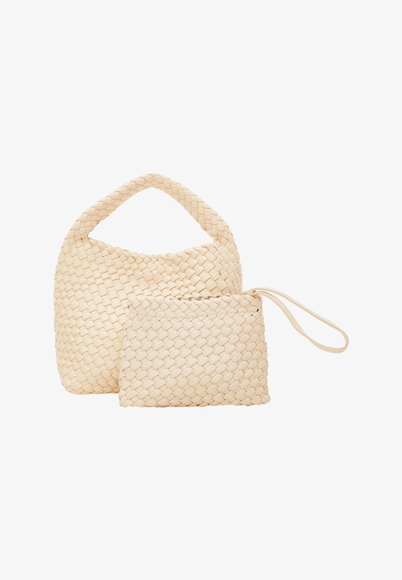 Woven, cream-colored bag set featuring a larger handbag with a rounded handle and a smaller pouch with a strap, both with uniform texture.