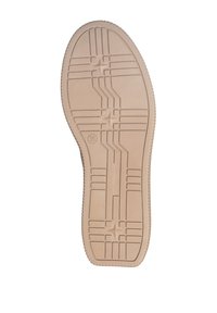 Semelle de chaussure en caoutchouc beige avec des motifs géométriques de la bande de roulement et taille 38 indiquée près de la zone du talon.
