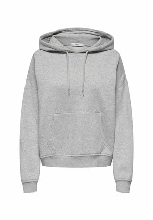 Szara bluza z kapturem, kieszenią z przodu, ściągaczami przy mankietach i u dołu. Wykonana z miękkiego materiału, o luźnym kroju i opadających ramionach.