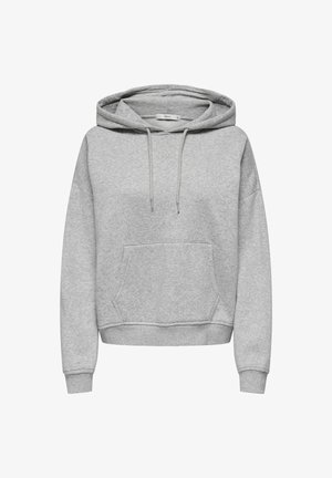 Hanorac gri cu glugă, buzunar frontal tip pouch, manșete și tiv ribbate. Fabricat dintr-un material moale, cu o croială relaxată și un design cu umeri căzuți.