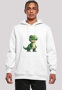 White hoodie featuring a cartoon green dinosaur graphic on the front. Material appears soft with a standard fit and a front pocket.