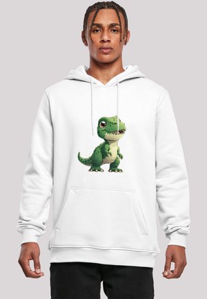 Weißer Hoodie mit einem Cartoon-Grafik eines grünen Dinosauriers auf der Vorderseite. Das Material scheint weich zu sein, mit einer standardmäßigen Passform und einer_fronttasche.