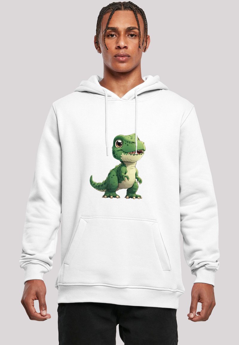 White hoodie featuring a cartoon green dinosaur graphic on the front. Material appears soft with a standard fit and a front pocket.
