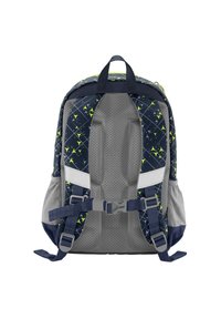 Dunkelblauer und grauer Rucksack mit geometrischen Mustern, Netzrückenpolsterung, verstellbaren Trägern und Seitentaschen für zusätzlichen Stauraum.