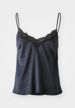 Camisola nera in satin con spalline regolabili e scollatura in pizzo. Tessuto liscio, leggero e design dalla vestibilità morbida.