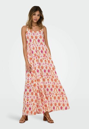 Maxi-Kleid aus leichtem Pfirsichstoff mit bunten geometrischen und floralen Mustern. Spaghetti-Träger und fließendes Design mit lockerer Passform.