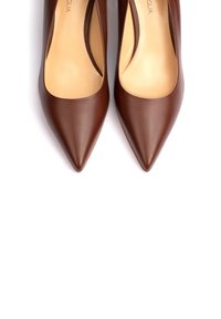 Tacchi a punta in pelle marrone con una texture liscia e una leggera lucentezza. L'interno presenta una fodera beige per il comfort.