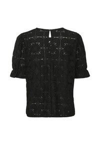 Blouse en dentelle noire avec des manches courtes bouffantes, ornée de motifs floraux et d'un détail en forme de clé dans le dos. Tissu texturé et transparent.