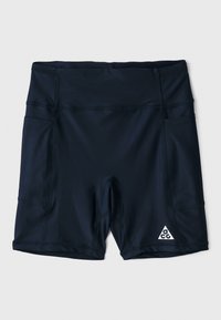 Navy blue athletic shorts made of stretch fabric, featuring a high waistband, side pockets, and a white logo in the bottom right corner.