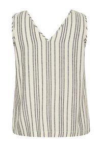 Mouwloze v-hals top in beige met verticale grijze strepen, gemaakt van een lichtgewicht stof. Heeft een ontspannen pasvorm en een nette zoom.