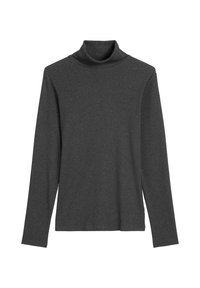 Mørkegrå langermet genser med høy hals laget av myk, glatt stoff med en tettsittende design og ribbestrikket krage, med en rett kant.
