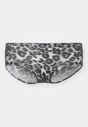 Leopard print underwear with a semi-sheer fabric, featuring a black and grey pattern, low-rise design, and elastic waistband.