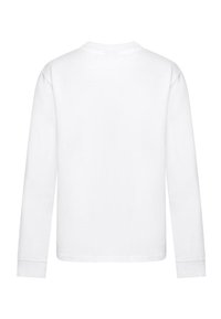 Langärmliges T-Shirt aus weißer Baumwolle mit rundem Halsausschnitt und geradem Schnitt. Die Rückseite ist schlicht und hat keine zusätzlichen Details oder Muster.