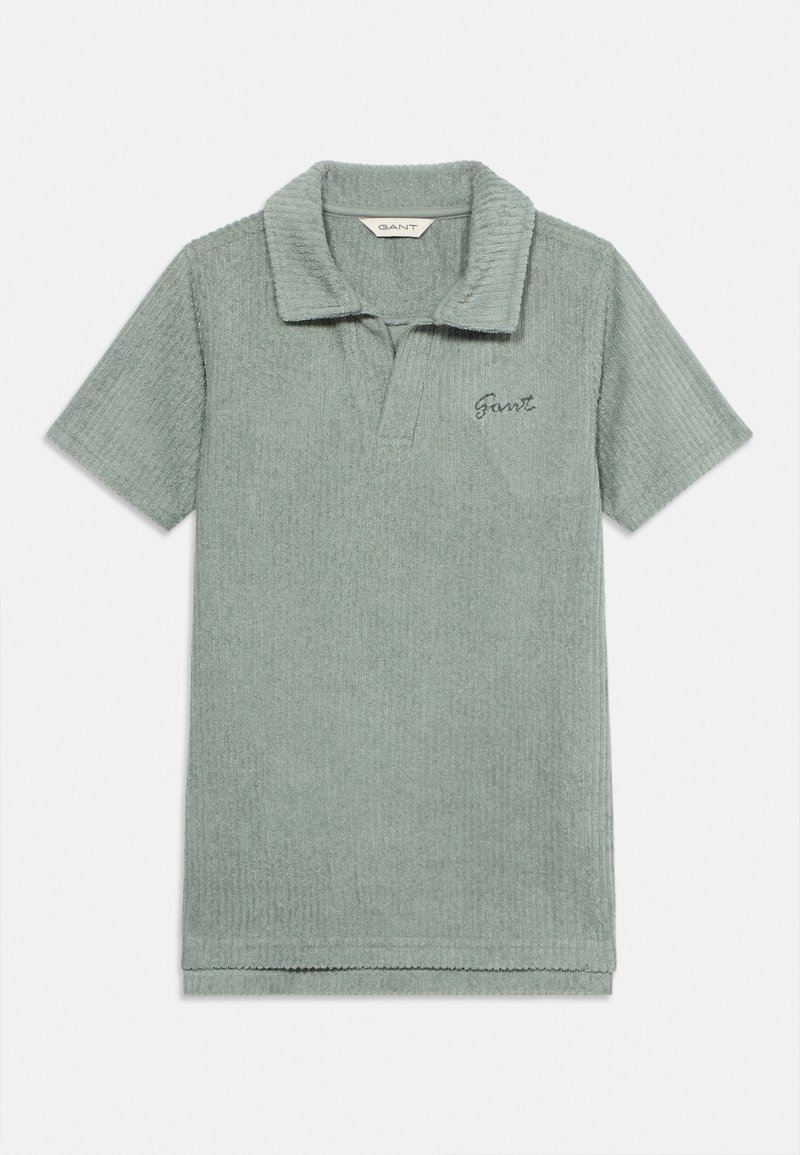 Πόλο μπλούζα με κοντά μανίκια, ανοιχτό πράσινο με υφή, γιακά και μερική εμπρόσθια πατιλέτα, με κεντημένο το λογότυπο "Gant" στο αριστερό στήθος.