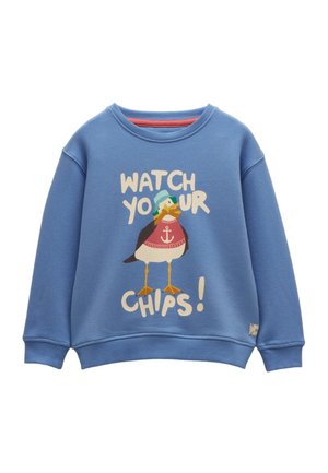 Blå børne-sweatshirt med en and iført hat og trøje, der holder chips, og teksten "Watch Your Chips!" på forsiden.