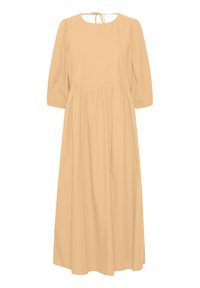Lange maxi-jurk van lichtbeige katoen, voorzien van pofmouwen, een ronde halslijn, en een strikdetail op de rug met een geraffineerde taille en vloeiende rok.