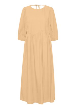 Dlouhá maxi šaty ze světle béžové bavlny, s nafouknutými rukávy, kulatým výstřihem a detailem s uvázáním na zádech, s nařaseným pasem a splývavou sukní.