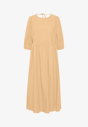 Dlouhá maxi šaty ze světle béžové bavlny, s nafouknutými rukávy, kulatým výstřihem a detailem s uvázáním na zádech, s nařaseným pasem a splývavou sukní.