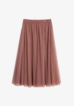 Mauve Tüllrock mit elastischem Bund, ausgestattet mit einem voluminösen, geschichteten Design für eine fließende Silhouette. Leicht und durchscheinend im Material.