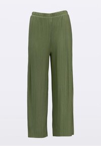 Olivovo zelené nohavice so širokými nohavicami, s vertikálnymi záhybmi a elastickým pásom.
