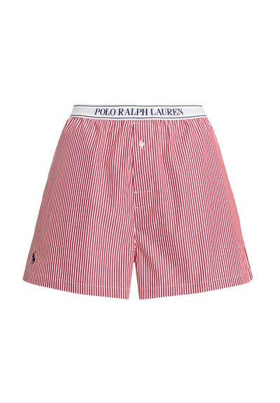 Červené a bílé pruhované bavlněné boxerky s elastickým pasem s nápisem „POLO RALPH LAUREN“. Malé logo vyšívané na levé straně.