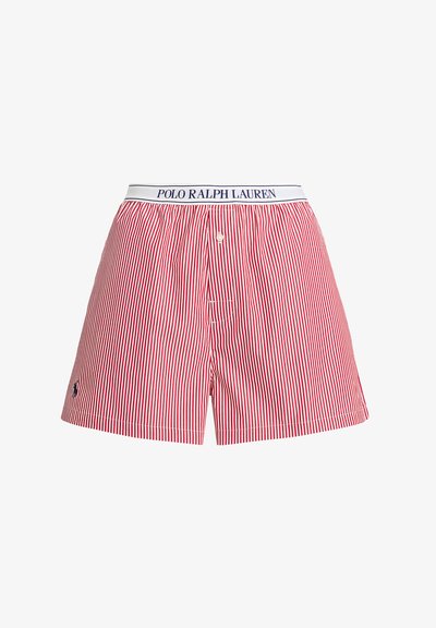 Červené a bílé pruhované bavlněné boxerky s elastickým pasem s nápisem „POLO RALPH LAUREN“. Malé logo vyšívané na levé straně.