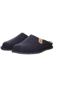 Mornarske kućne papuče od blaga s okruglim dizajnom, s akcentom od smeđeg kože s bočne strane i sivom gumiranom potplatom. Mekana tekstura i slip-on stil za udobnost.