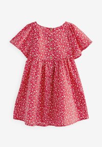 Rotes Kurzarmkleid mit weißem Blumendruck und vier Holzknöpfen vorne, mit gerafftem Bund und rundem Ausschnitt.