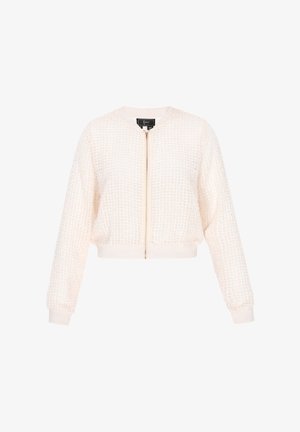 Jachetă bomber scurtă, de culoare albă murdară, dintr-un material texturat cu un model în grilă, cu manșete ribbate și închidere centrală cu fermoar.