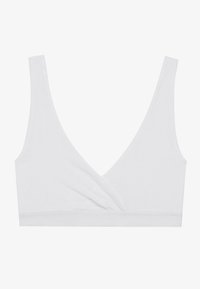 Bralette bianca realizzata in tessuto morbido con un design senza cuciture, scollatura a V profonda e un sottile dettaglio torcigliato sul davanti. Senza chiusura né imbottitura.