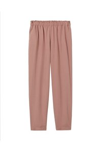 Jasnoróżowe, lekkie spodnie z elastycznym pasem, o prostym kroju i gładkiej teksturze, idealne na codzienny strój.
