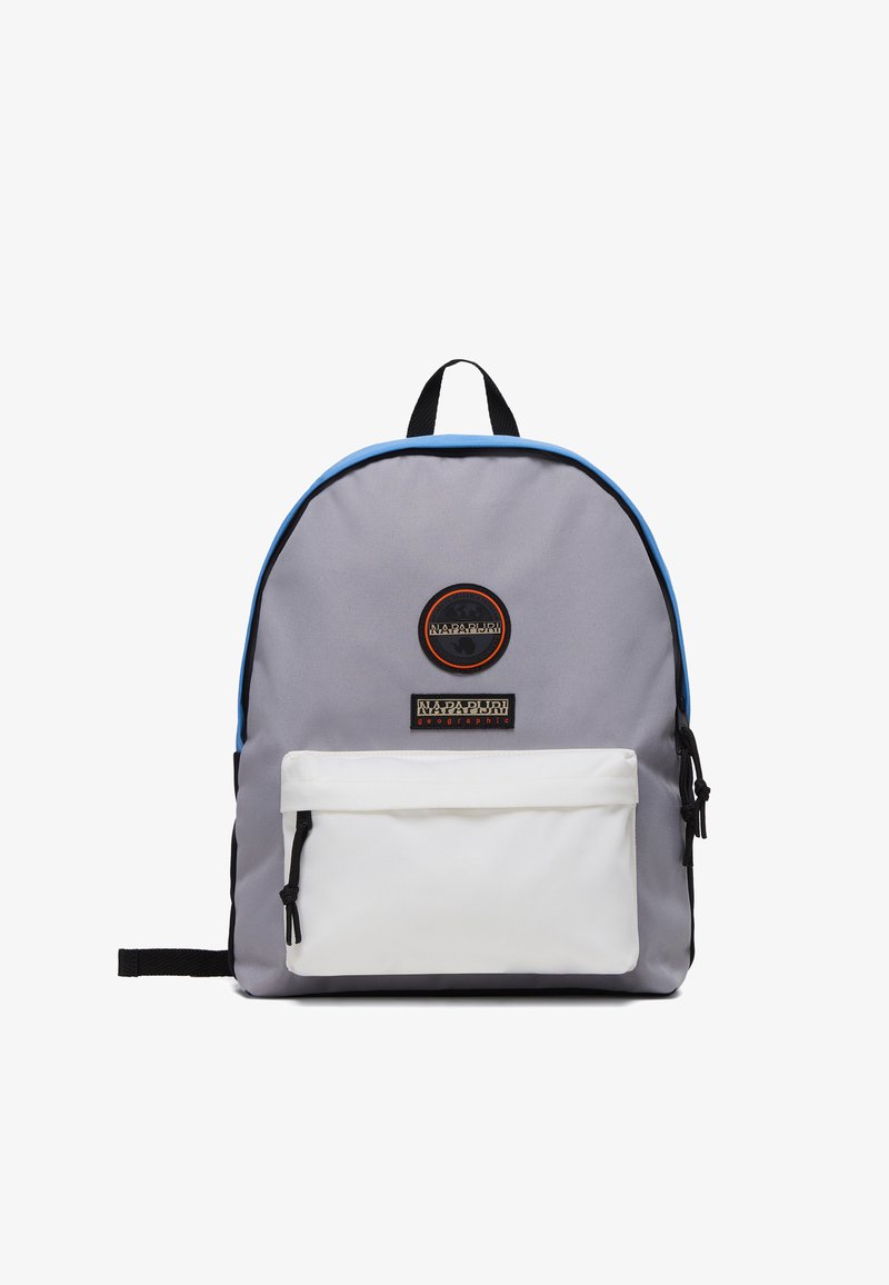 Γκρι σακίδιο πλάτης με μπλε περιθώρια, μαύρες λεπτομέρειες και λευκή μπροστινή επένδυση. Διαθέτει στρογγυλό λογότυπο και ρυθμιζόμενους ιμάντες. Ανθεκτικό υλικό ύφασμα.