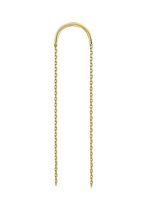 Pendiente de metal dorado en forma de aro alargado y curvado, con dos cadenas doradas colgantes. Las cadenas tienen un diseño enlazado y brillan.