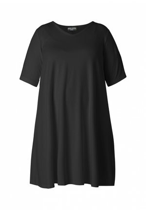Zwart knielang jurkje met korte mouwen, V-hals en losse A-lijn silhouet.