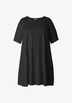 Zwart knielang jurkje met korte mouwen, V-hals en losse A-lijn silhouet.
