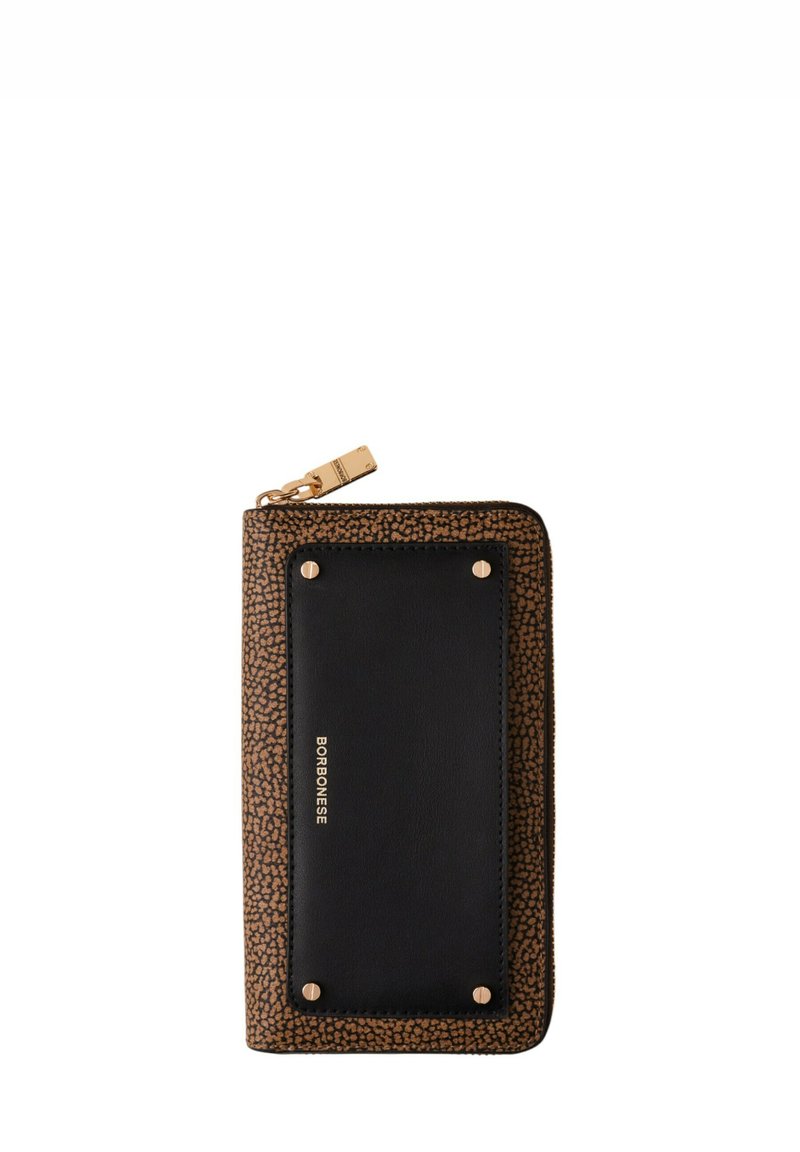 Black leather wallet with a textured brown base, featuring gold hardware accents, a zip closure, and a prominent logo on the front.